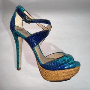 Alexandre Birman Blue Python Leather Platform Heels Pumps Sandals Shoes 7.5